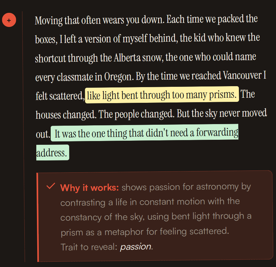 A sample essay with a 'Why it works' annotation explaining the craft behind it